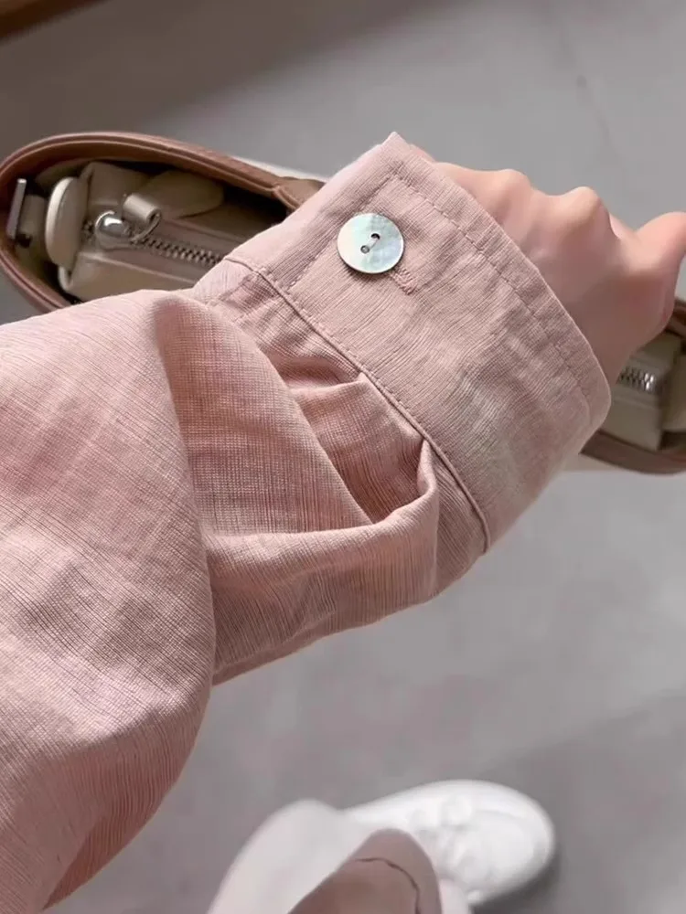

Linen Sun Protection Shirt Women's Long Sleeve Summer Small Size Pink Anti-Aging Outerwear Open Cardigan Casual Thin Outerwear