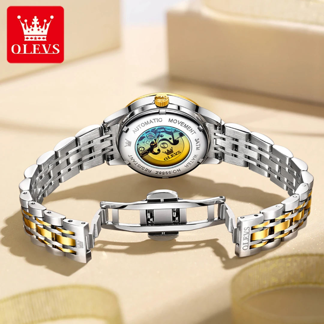 OLEVS 9956 Модные механические часы в подарок с круглым циферблатом из нержавеющей стали, ремешок для часов, наручные часы с календарем, светящийся