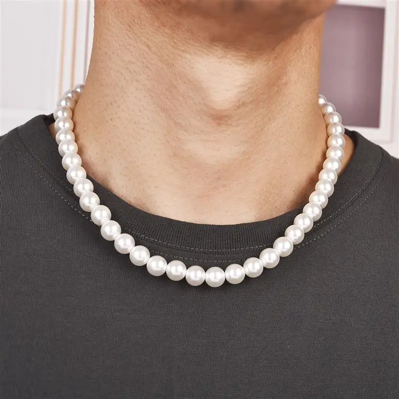 New Trendy Imitation Pearl Necklace For Men Temperament Simple Handmade Strand Bead Necklace Men Fine Jewelry Wedding Gift