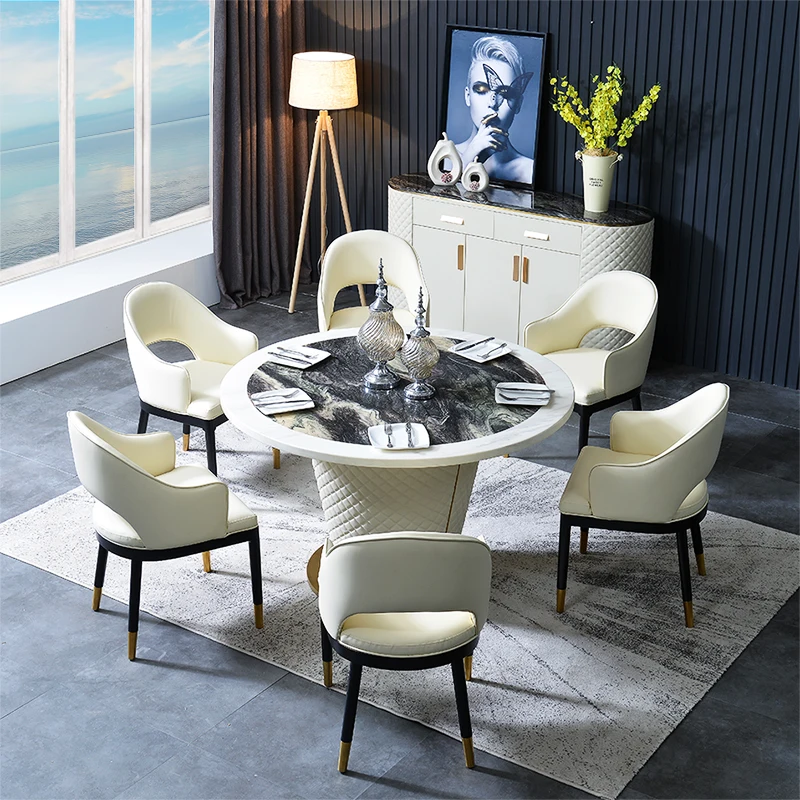 Round  Marble Dining Table with 6 Upholstered Genuine Leather Chairs, 7-Piece Modern Dining Table Set for 6, Kitchen Dining Room