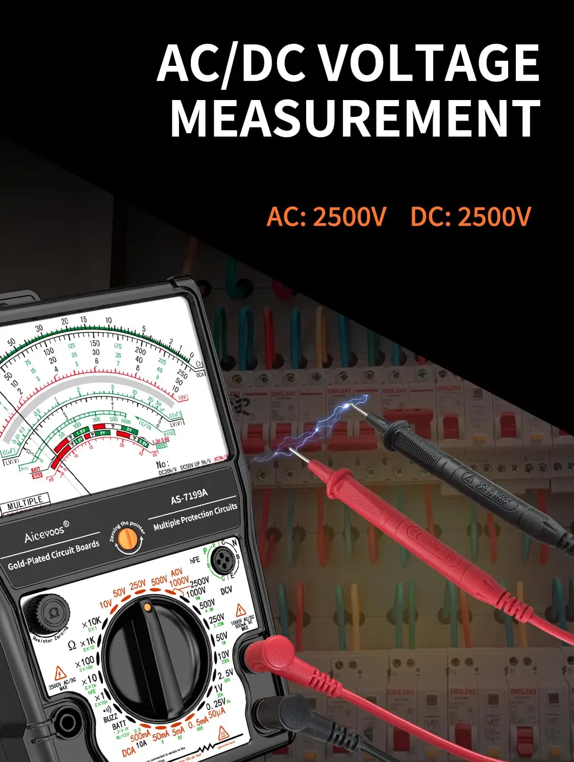 Multímetro Analógico AS-7199A, 11 Funções, 24 Alcance, AC/DC Volt 2500V, Corrente DC 10A, Rx 100K