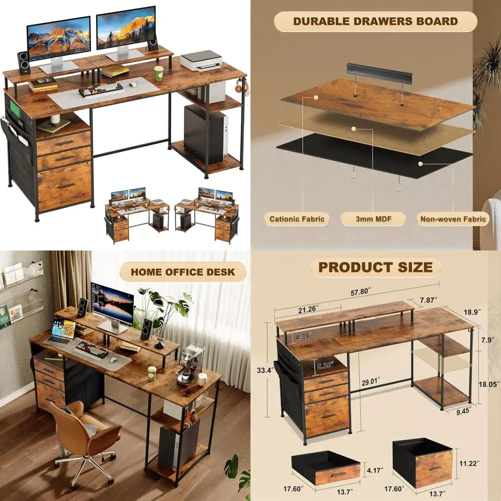 مكتب شاشة مزدوج بني ريفي 57.8 مع خزانة ملفات ذات 3 أدراج وتخزين للمكتب المنزلي #1
