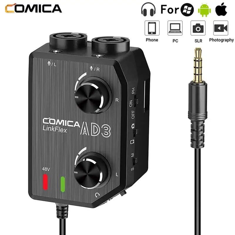 Comica LINKFLEX AD3 Microphone Amplifier Adapter with 2-channels 48V Phantom Power Mixer for Smartphones Camcorders DSLR Cameras