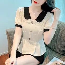 Sweet Peter Pan Collar Folds Puff Sleeve Blouses Female Clothing 2024 Summer New Loose Casual Short Sleeve Tops Korean Shirts