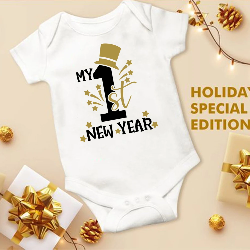 My First New Year Printed Baby Romper New Year Infant Romper Short Sleeve Jumpsuit Toddler Holiday Clothes Newborn Shower Gifts