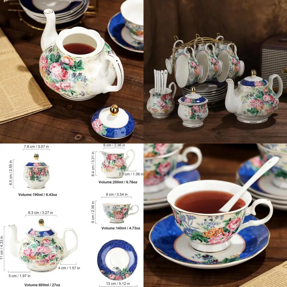 

Blue Porcelain 21-Piece Tea Set with Pink Flowers, China Coffee Cups & Saucers for 6, Elegant Teaware for Adults & Women
