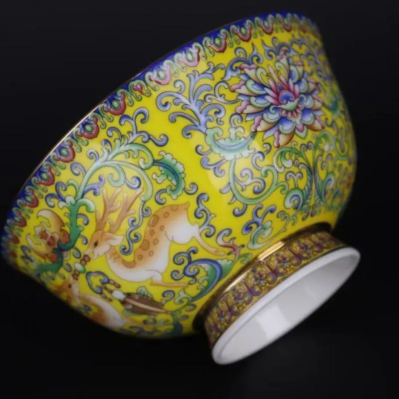 Chinese Rose Porcelain Jingdezhen Hand Painted Yellow Glaze Deer Design Bowl