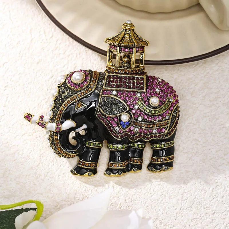 Bobokiki Jewelry European and American Fashion Enamel Elephant Alloy Micro-Inlaid Rhinestone Luxury Retro Animal Pin.