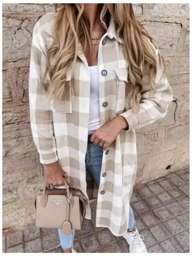 Women\'s Spring Autumn Long sleeved Long Skirt Casual Long sleeved Lapel Checkered Shirt Skirt Women\'s Commuter Checkered Coat