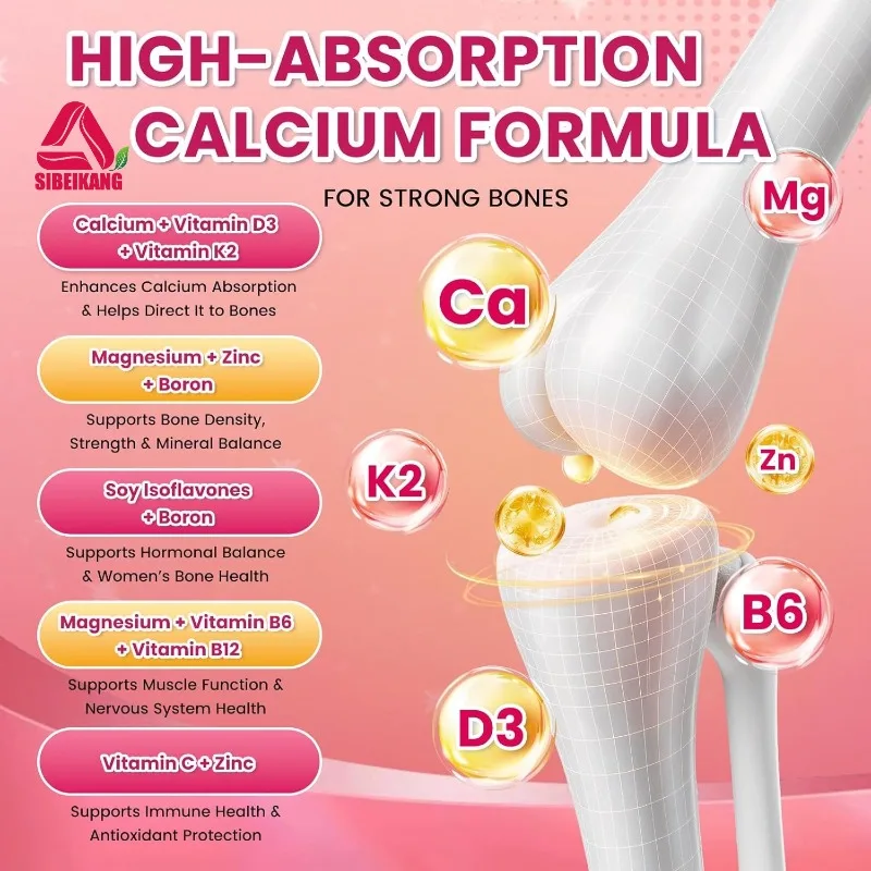 Calcium Citrate Gummies 1200mg Contain Vitamins D3, K2, Magnesium, Zinc, B6 for Skeletal Muscle and Immune Support
