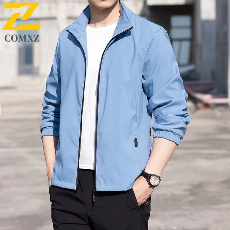 

COMXZ Men Spring Stand Collar Windbreaker Waterproof Windproof Korean Style Casual Outdoor Sport Solid Color Lightweight Coat