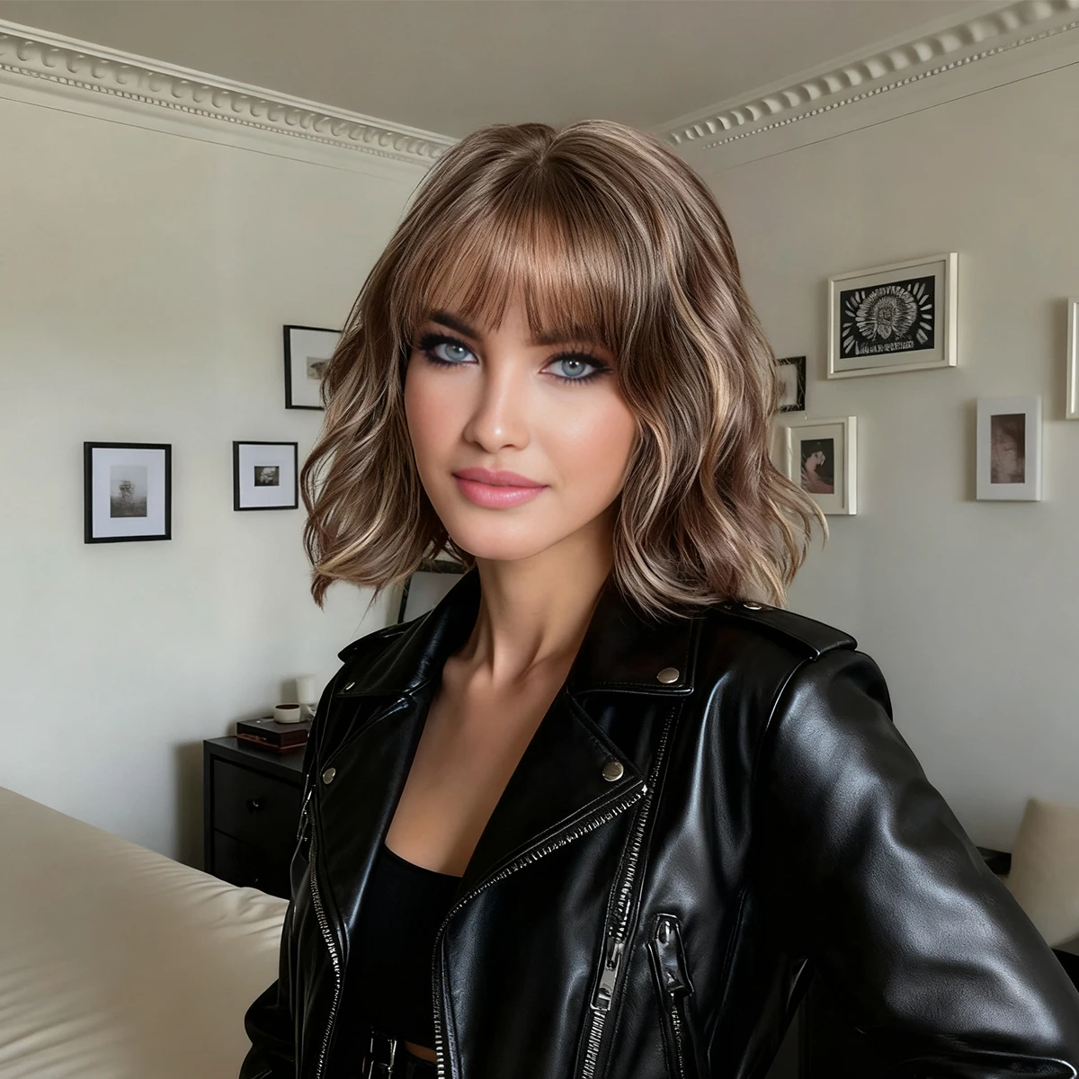 

Brown Highlight Wavy Curly Wig with Bangs Natural Hairline High Quality Hair Seam Glossy Synthetic Fashion Daily