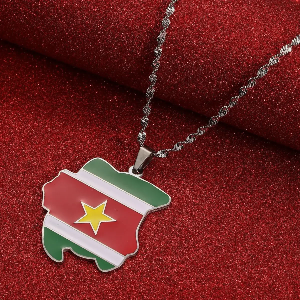 Stylish Stainless Steel Pendant Necklace With Map Of Suriname Flag Oil Drop Shape For Men And Women Fashionable Cross-Border Des