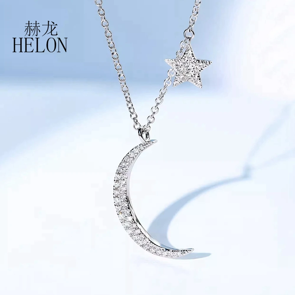 HELON Solid 18k AU750 White Gold Star Moon Natural Diamond Necklace Pendant Women Collarbone Chain Luxurious Trendy Jewelry