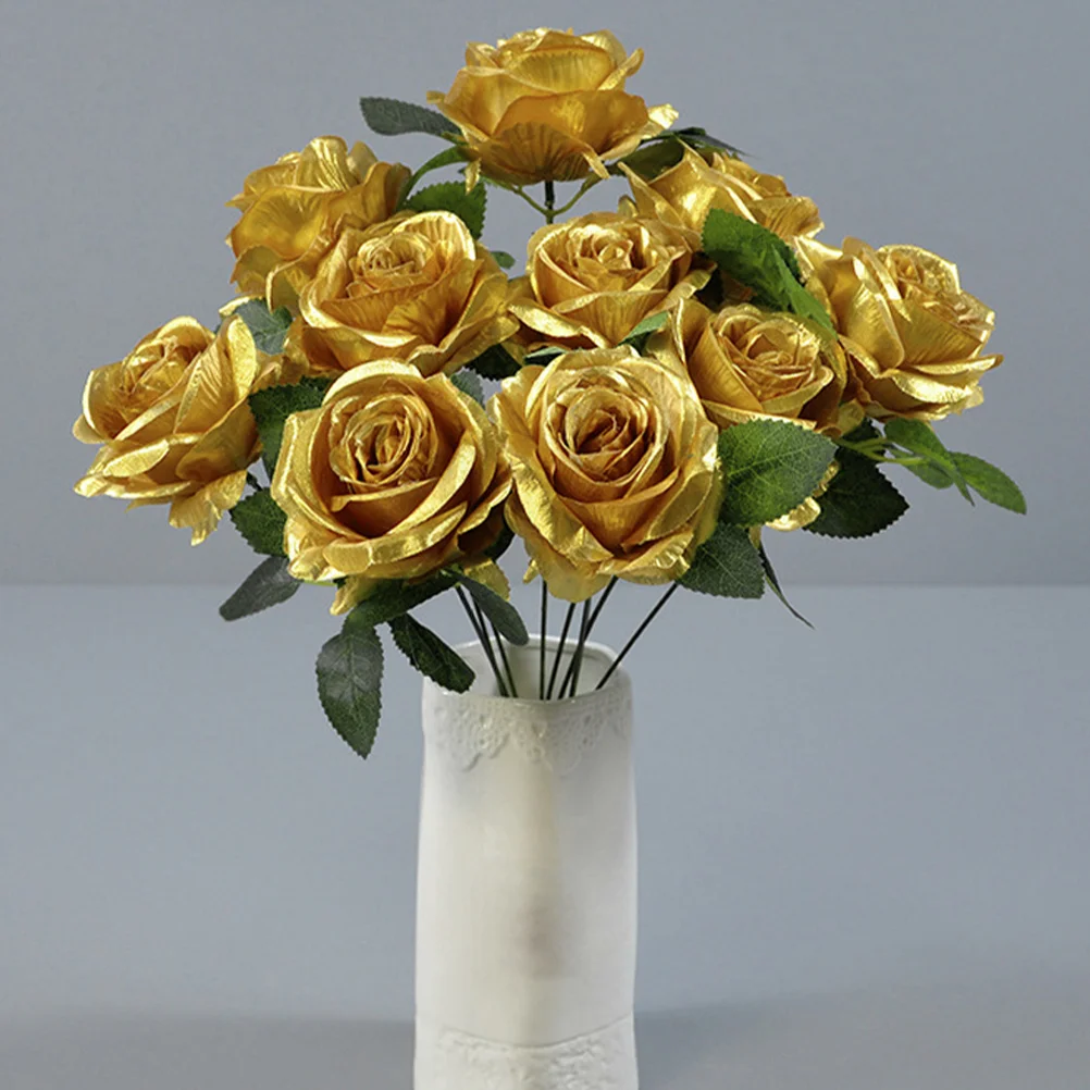 Artificial Roses with Stems Indoor Plants Gold Flower Fake Flowers Outdoor Dining Table Centerpiece