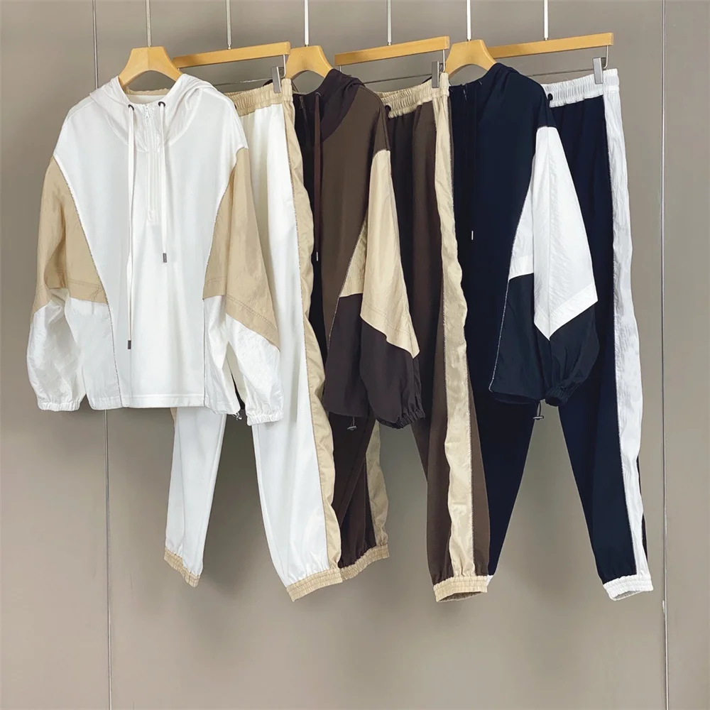 Casual Sports suit Hooded Sweatshirt Jacket+ Drawstring High Waist Sweatpants Trousers Women 2-piece set