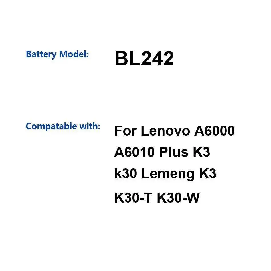 

Для Lenovo Lemeng K3 K30-T K30-W A6000 A6010 Plus K30 аккумулятор мобильного телефона BL242 2300 мАч безопасный