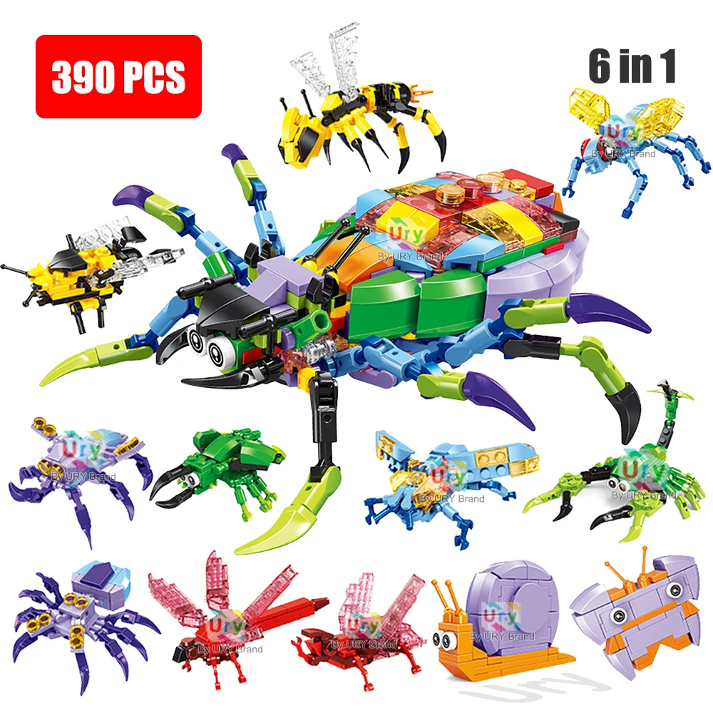 MOC 6in1 Animals Colorful Spider Wasp Snail Scorpion Anglerfish Triceratops Crab Model Set Building Blocks DIY Toys for Kid Gift