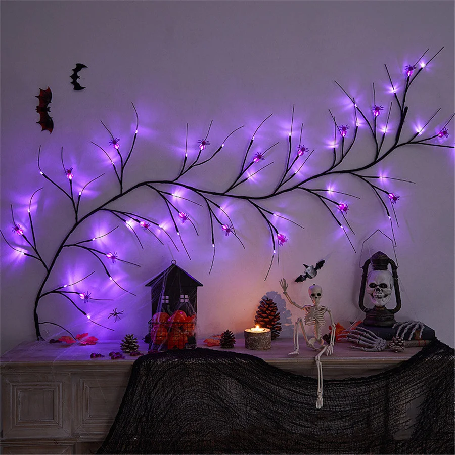 Luzes de corda LED Willow Vine, a pilhas, criativas, aranha, abóbora, morcego, guirlandas para quarto, decoração do lar, Halloween