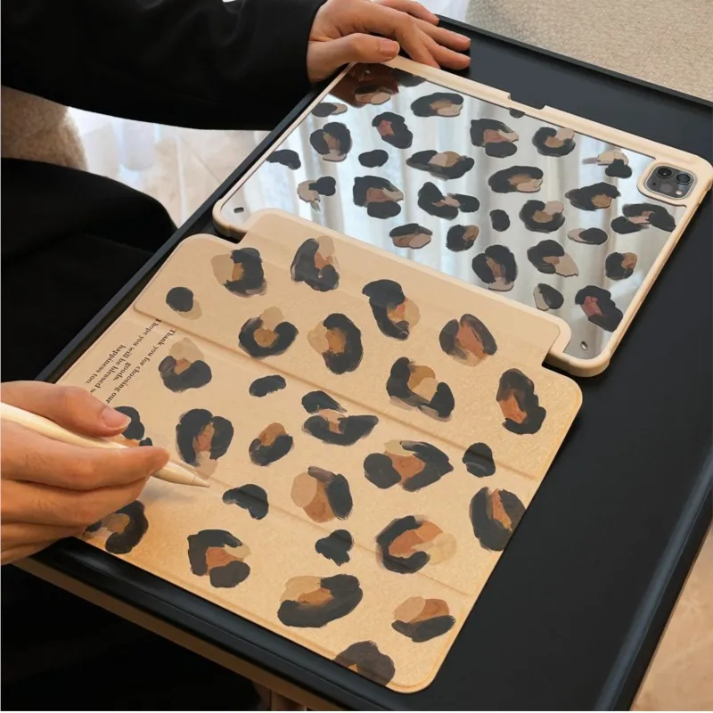 

Чехол для планшета с леопардовым принтом, зеркальным акриловым покрытием, тройным сложением и держателем для карандашей, ударопрочный, для iPad 7/8/9-го поколения 10.2, Air 3/4/5 10.5/10.9