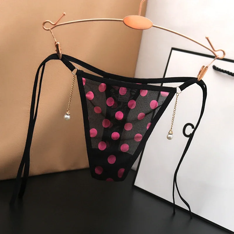 Sexy Lace-up Transparent Women\'s Underwear with Low Waist Lace Edge Printed Polka Dot Beads Binding Thong Japanese T-style