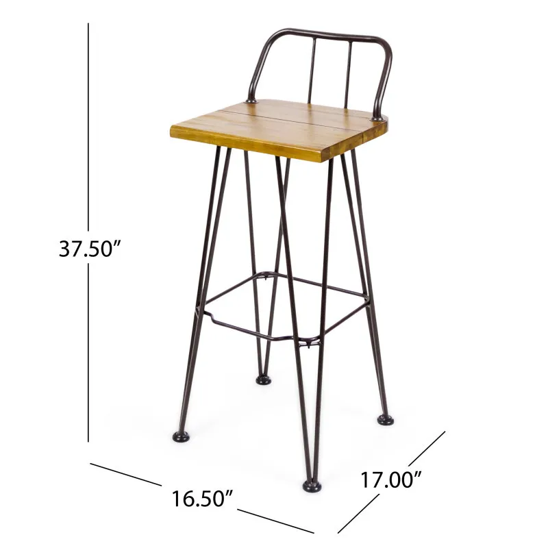 INDUSTIAL WOOD AND METAL BARSTOOL  Angled Legs  With Built-in Footrestcurved   Open Seat  Backslatted Seat
