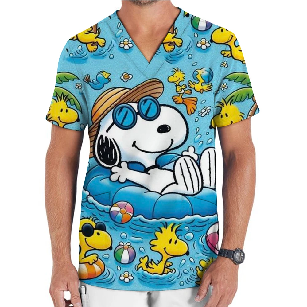 Medical uniform men's nurse Snoopy printed frosted cloth solid V-neck short sleeved shirt hospital top surgical gown men's denti