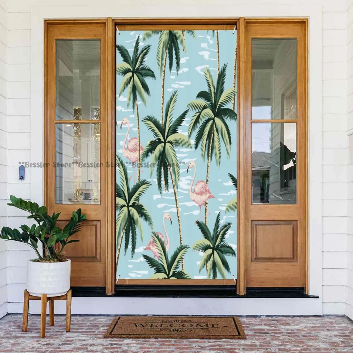 Door cover banner Tropical Vintage Pink Flamingo And Palm Trees holiday house decoration general purpose 35.4x70.8 inch