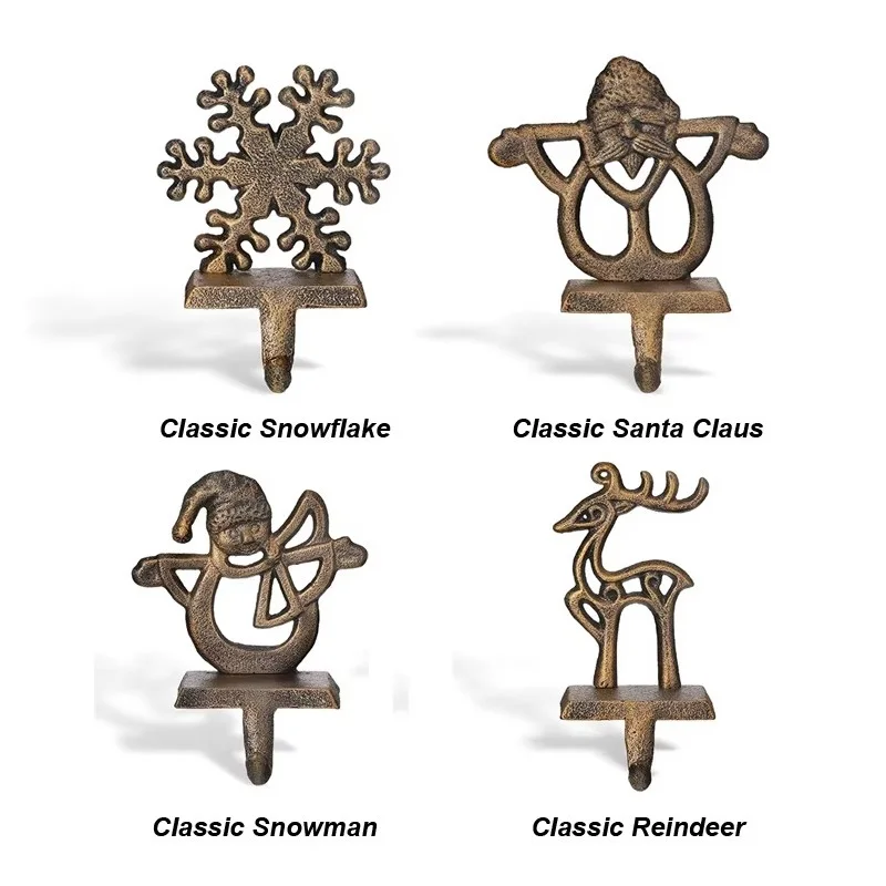 2PCS Christmas Stocking Holders Hook Set for Fireplace Mantle Metal Snowman Santa Snowflake Reindeer Free Standing Stocking Hook