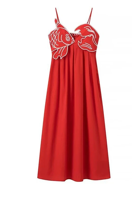 

Women Fashion Simple Red Embroidery Halter Dress Long V-Neck Temperament Dress Elegant Koi Embroidery Decoration Dresses