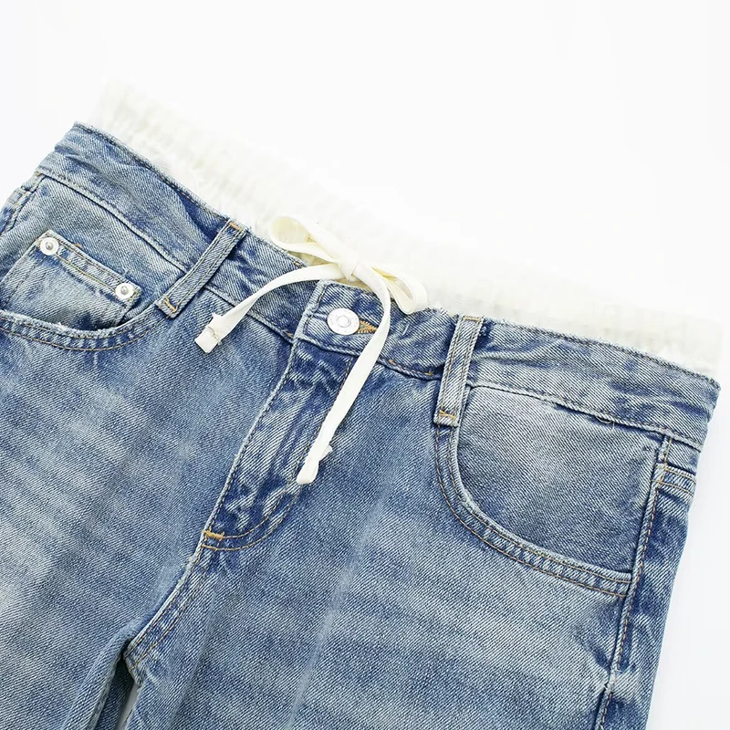 Vintage Americana High Waist Straight Jeans Women Fashion Patchwork Lace Up Baggy Denim Pants Woman Streetwear Wide Leg Trousers