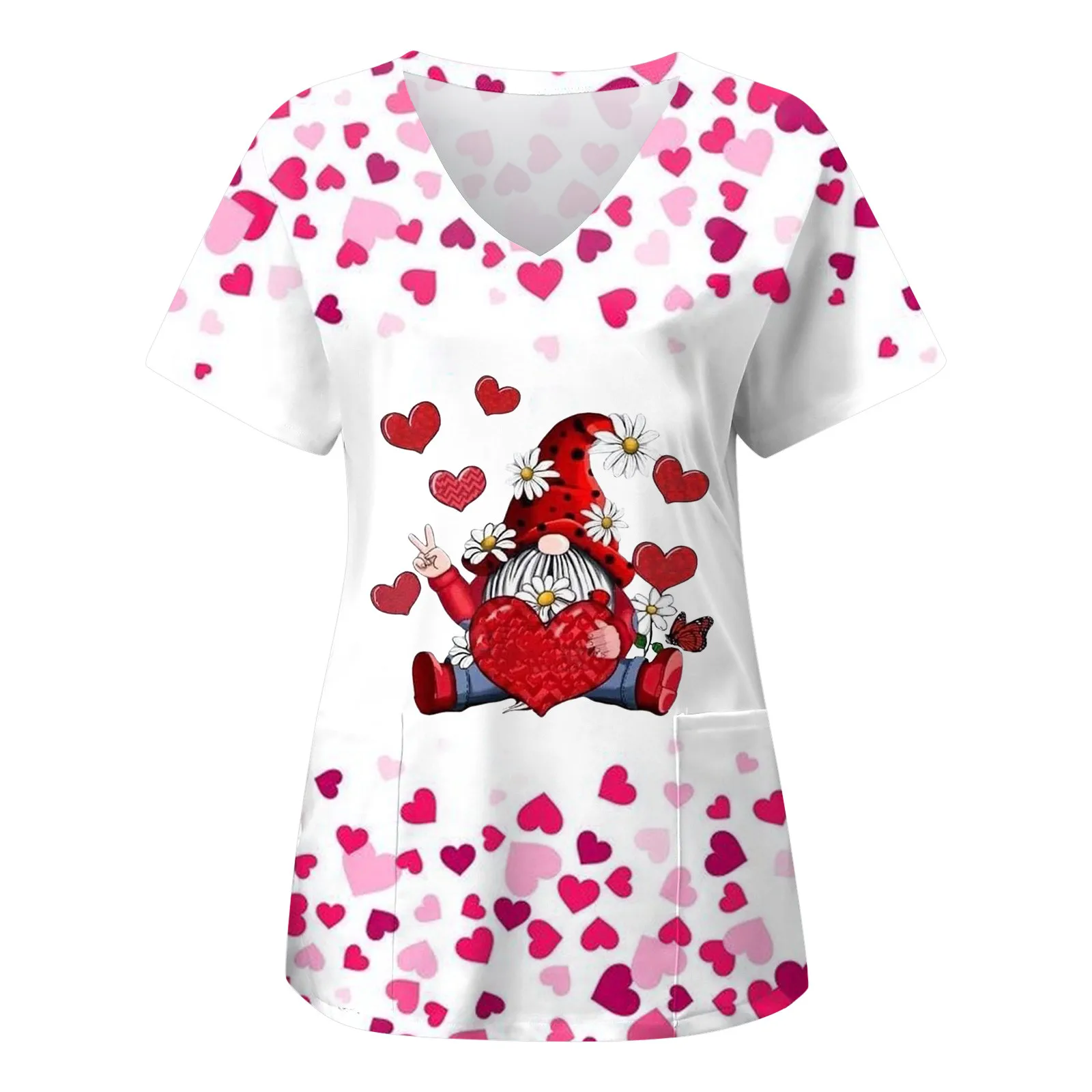 

Nursing Scrubs Women Valentine'S Day Dwarf Heart Print Short Sleeve Pocket Short Sleeve Shirts Ladies Nurses Tunic Uniform Scrub