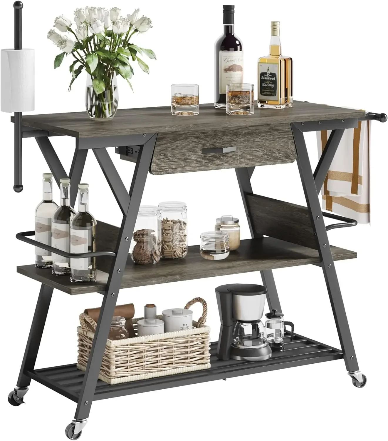 Bestier Coffee Bar Station, Kitchen Island Cart with Storage, Coffee Cart with Drawer,Paper Towel Holder and Lockable Wheels,Bar