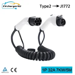 EVcharger4U IEC62196 Type 2 to J1772 Type 1 EV Charging Spiral Cable 1Phase 32A 7KW Type2 to Type1 Coiled for Electric Vechile