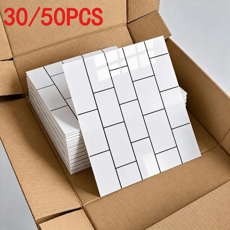 30/50pcs Self-Adhesive Wall Stickers White Checkered PVC Wallpaper Oil-Resistant Sticker for Kitchen Bathroom Laundry Room Decor