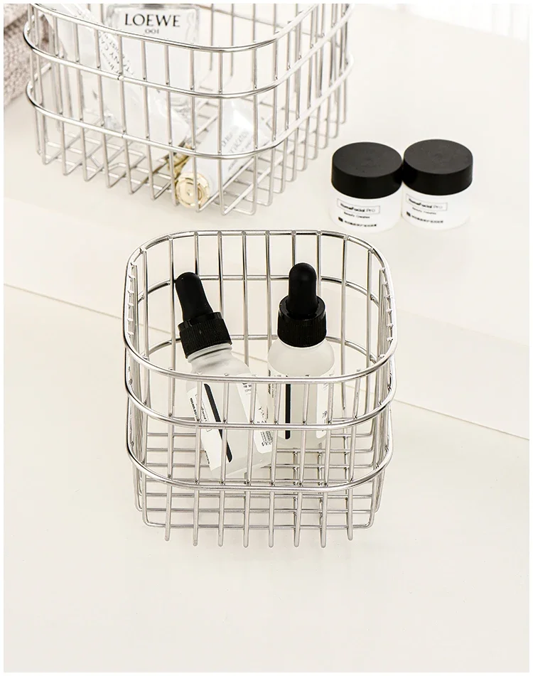 Ahunderjiaz-Luxury Stainless Steel Silver Storage Basket, Cosmetic Pen Holder, Desktop Sundry Square Basket, Home Decoration