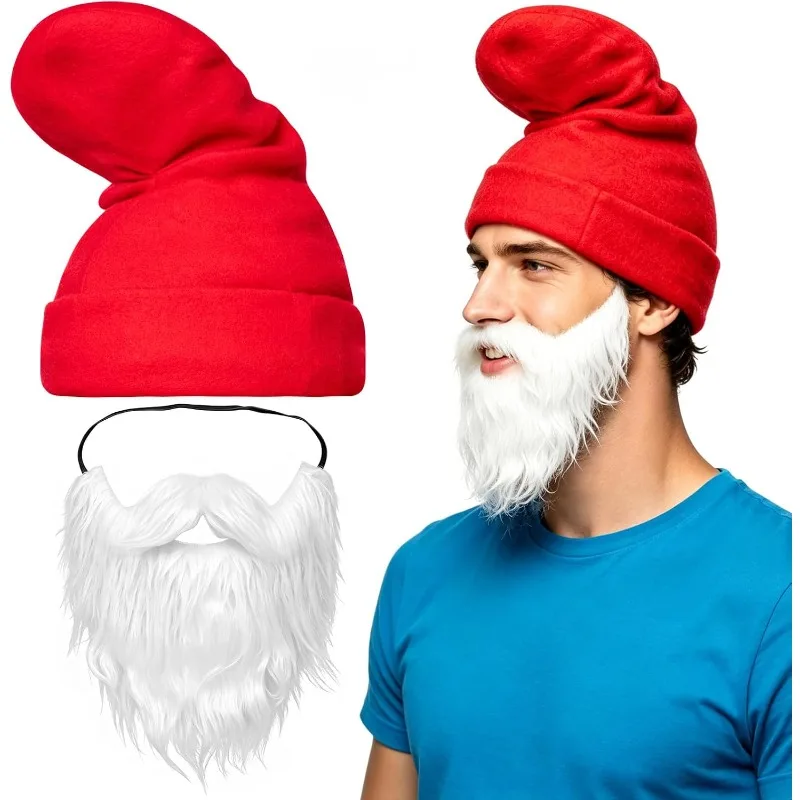 2PCS/SET Red Elf Hat and Beard Costume, Soft Warm Elastic Papa Elf Dwarf Beanie Hat for Halloween Costume Cartoon Cosplay