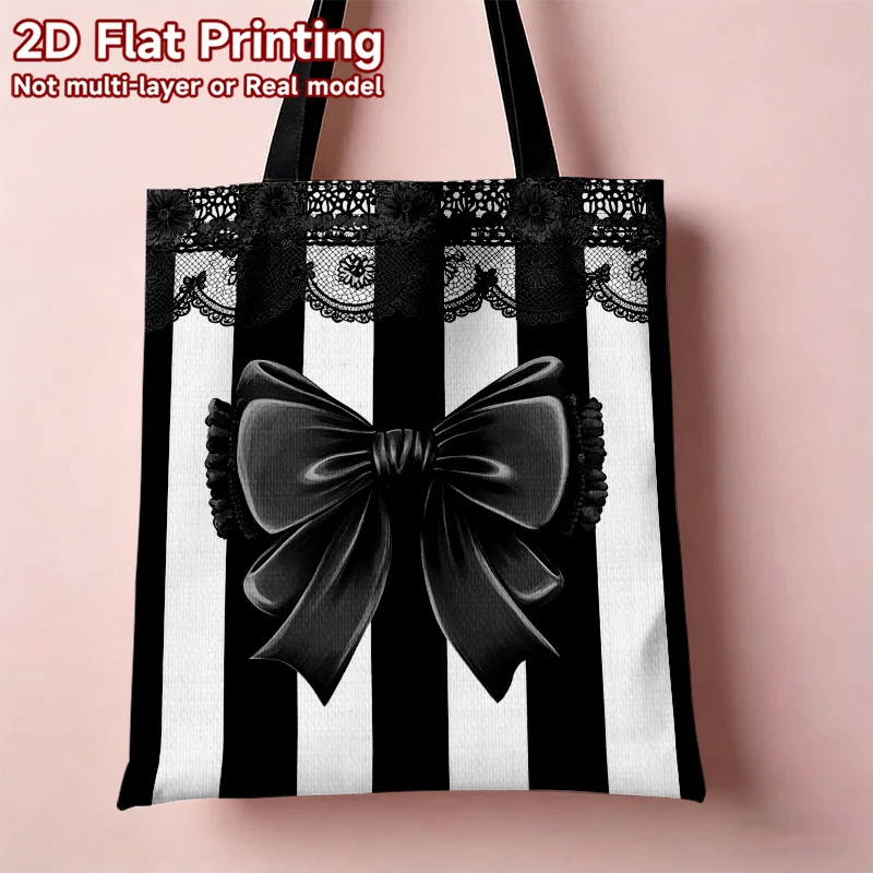 Tote Bag Vintage Sweet-Cool Lolita Style 2D Flat Effect with Black and White Vertical Striped Lace Strap Print Decor Handbag