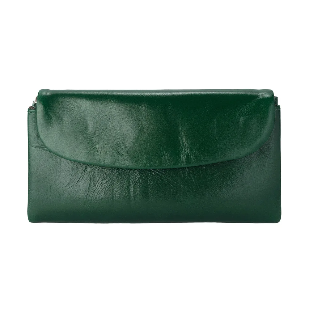 Tempat Kartu RFID Tas Dompet Kulit Asli Dompet Kulit Sapi Lilin Minyak Lembut Tas Clutch Kulit Sapi Panjang Wanita