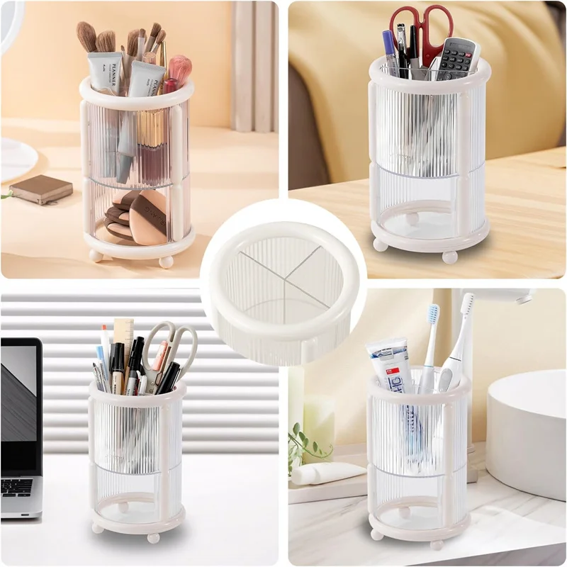 2 Tier Clear Cosmetic Brushes Tools Organizer Desktop Round Makeup Brushes and Sponge Puff Storage Box for Vanity Countertop