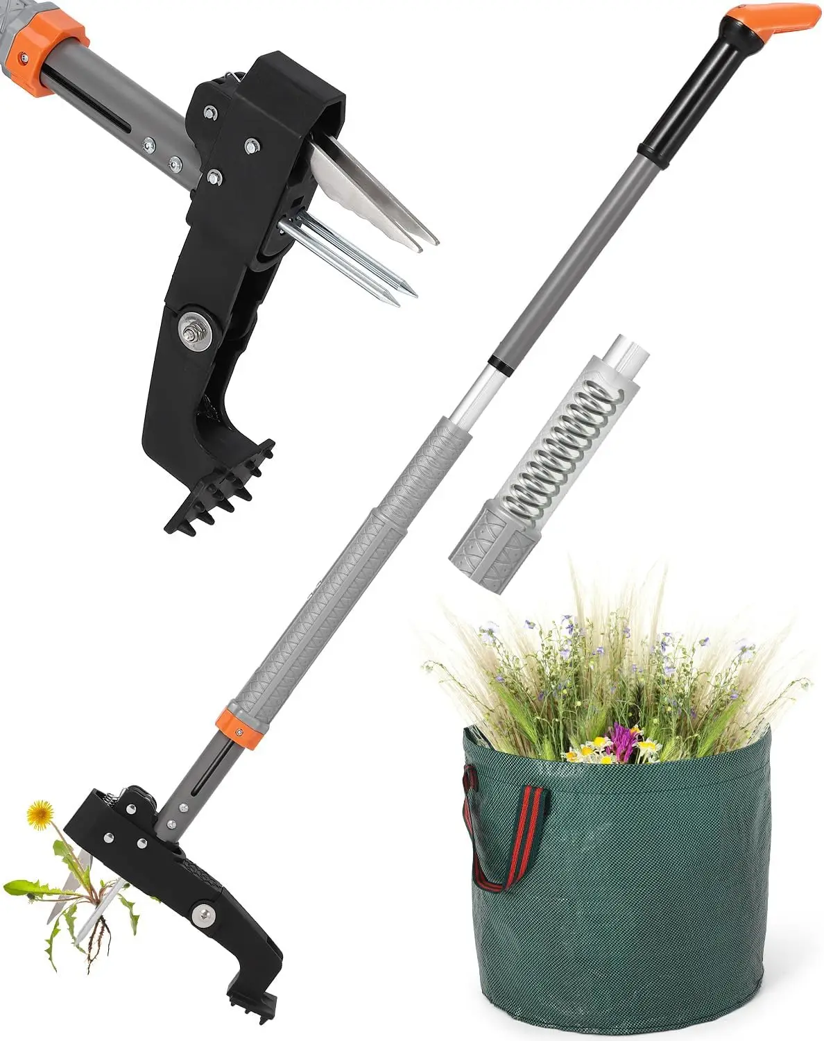 Staande onkruidtrekker met verstelbaar, lang handvat (91-117 cm), stevige roestvrijstalen klauwen en voetpedaal, voor het verwijderen van onkruid en wortels in de tuin, zonder bukken of knielen,