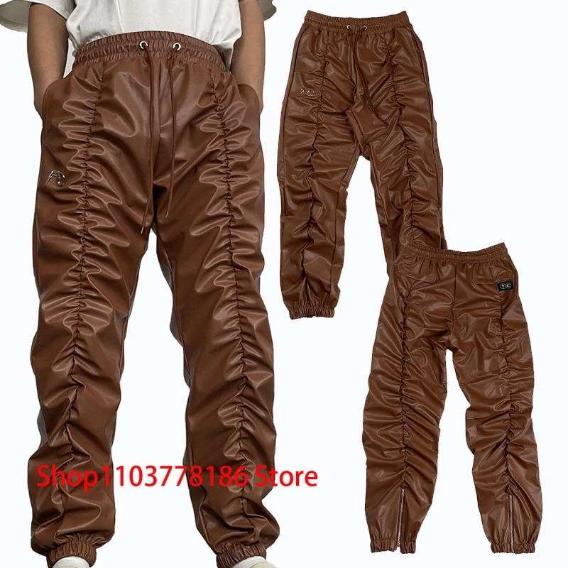 Winter New THUG CLUB Leather Pants American Retro Hip Hop Metal Logo Casual Streetwear Men Women Thug Club Trousers