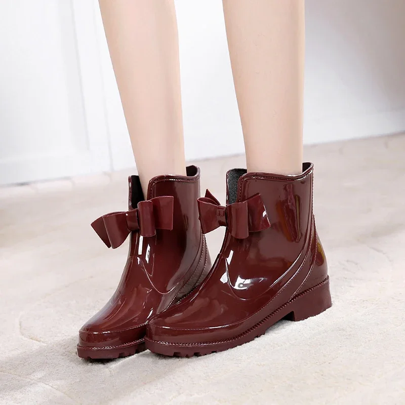 2021 Bowtie Ankle Rain Boots Women Flat Heels Non-slip Glossy Rainboots Waterproof PVC Woman Water Shoes Wellies tyh789