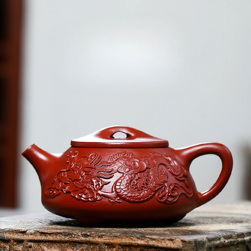 Embossed Dragon Teapot Yixing Handmade Purple Clay Pot Double Dragon Ceramic Teapot with Filter Hole