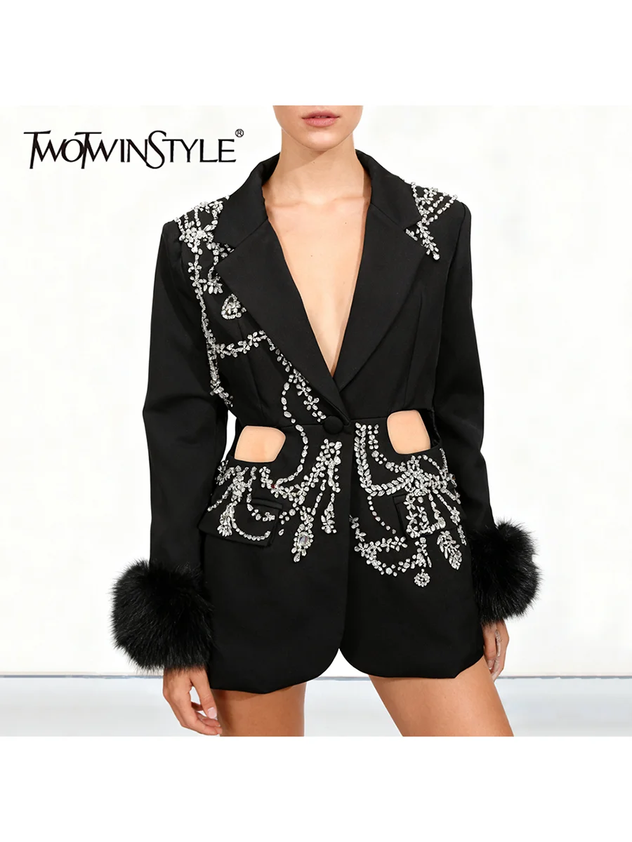 

TWOTWINSTYLE однотонные элегантные блейзеры с вырезами и бриллиантами для женщин, модный женский пиджак с лацканами и длинными рукавами в стиле пэчворк