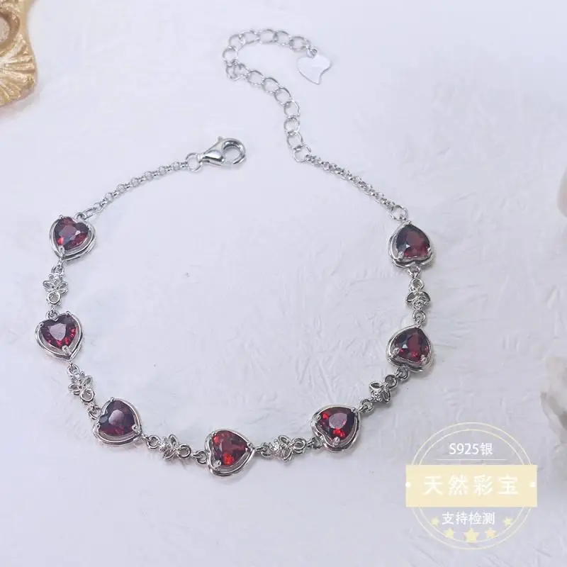 

Natural Garnet 925 Sterling Silver Bracelet for Women Heart Shape Natural Gemstone Lady Girl Birthday Jewelry Gift 15+3cm
