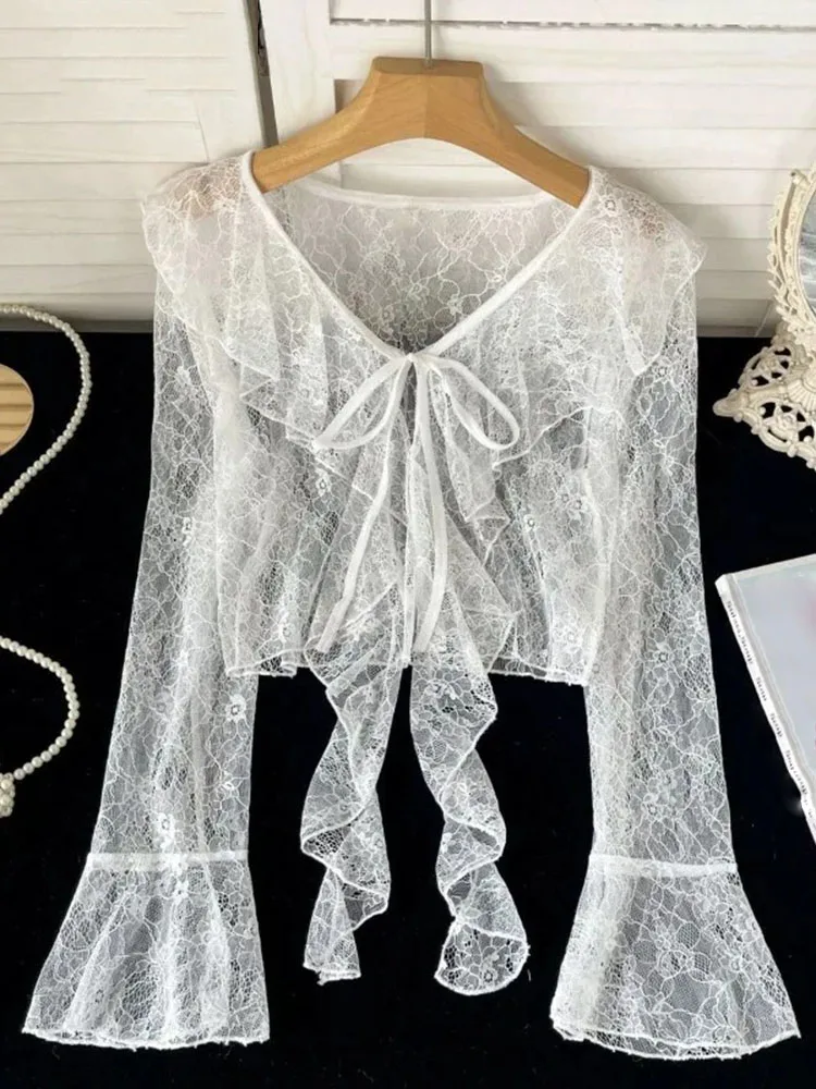 

Женский кардиган с оборками и кружевом, весенне-летний, тонкий, полупрозрачный, с расклешенными рукавами, простой однотонный универсальный топ-футболка в стиле Ins