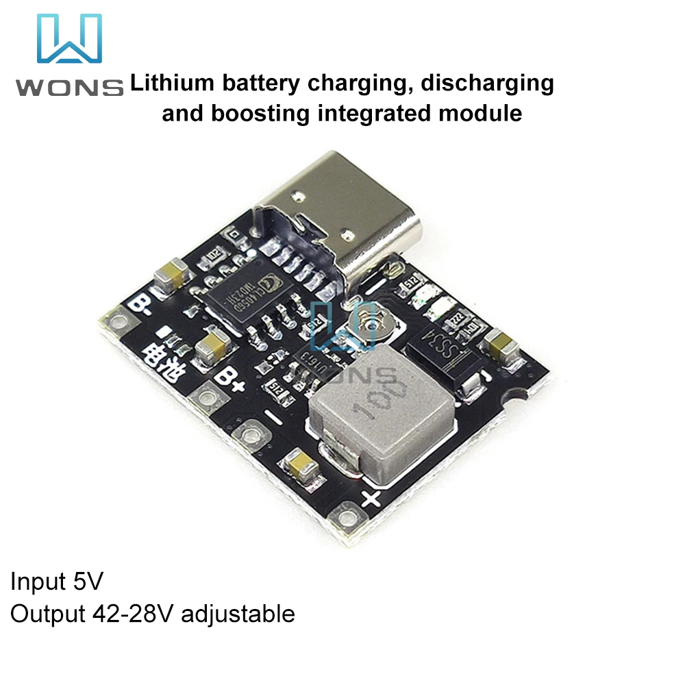 18650 3.7V 4.2V Lithium Li-ion Battery Charger Board DC-DC Step Up Boost Module USB Type-C 2A Lithium Battery Fast Charge Module