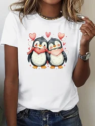 Penguin Couple & Heart Print Crew Neck T-Shirt Casual Short Sleeve T-Shirt for Spring & Summer Women's