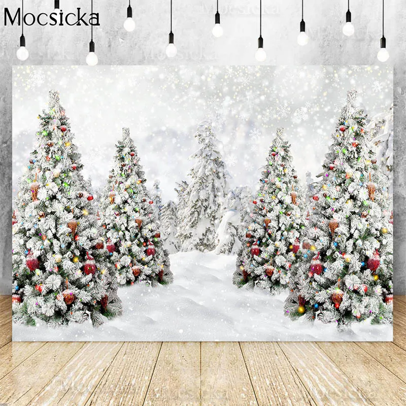 

Winter Snow Scene Backdrops For Photography Christmas Tree Snowstorm Snowflake Photocall Kids Portrait Background Photo Studio